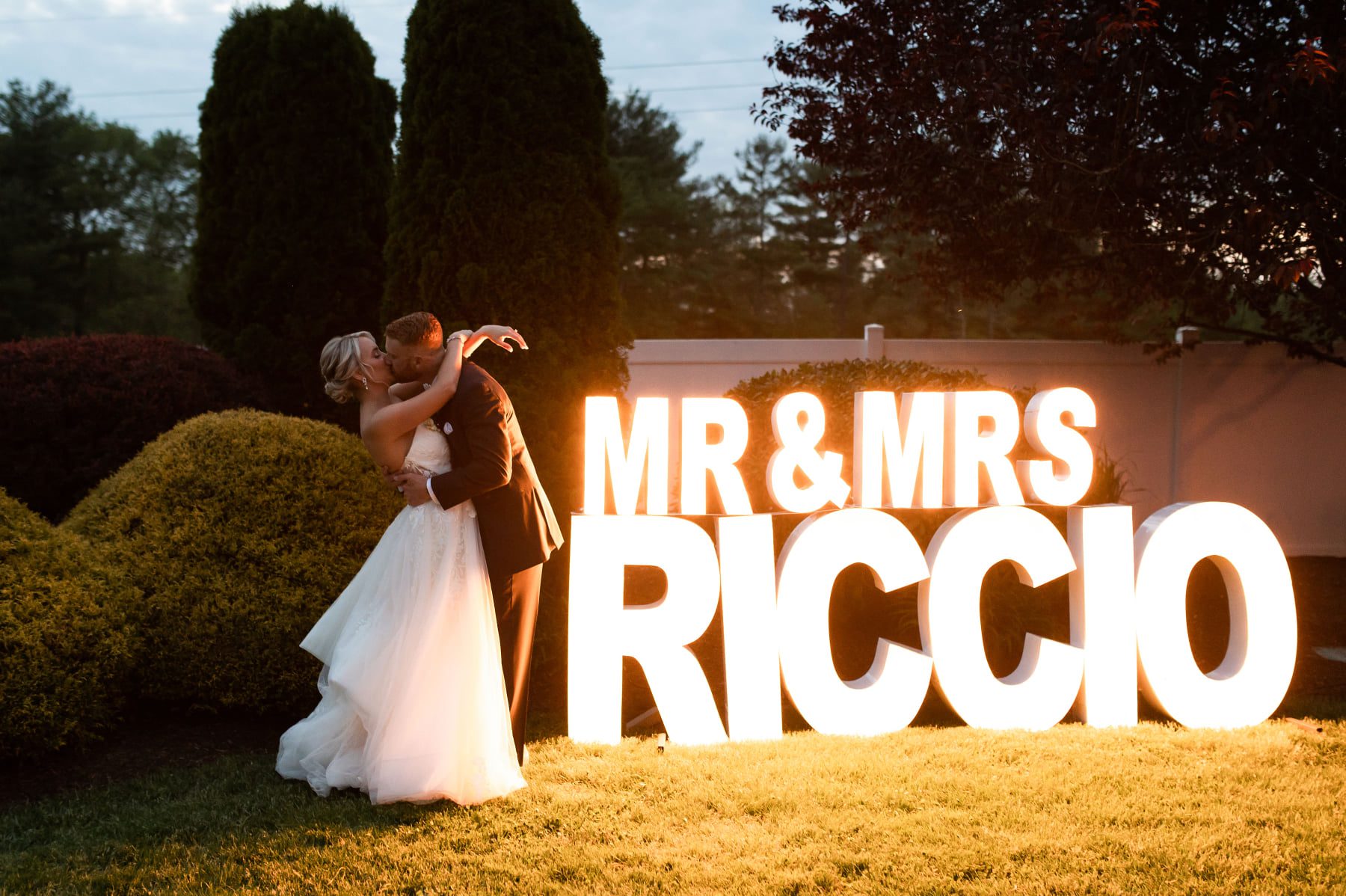 MR and MRS marquee light up letters at wedding reception