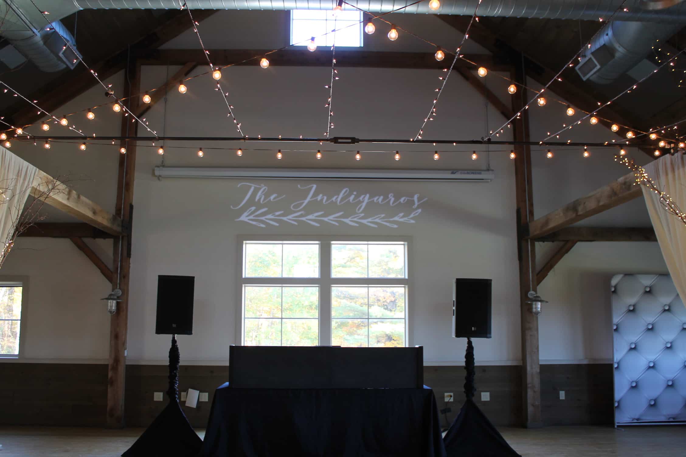 GOBO monogram projection displayed on a venue wall at a Vermont wedding by Black Diamond Event Production