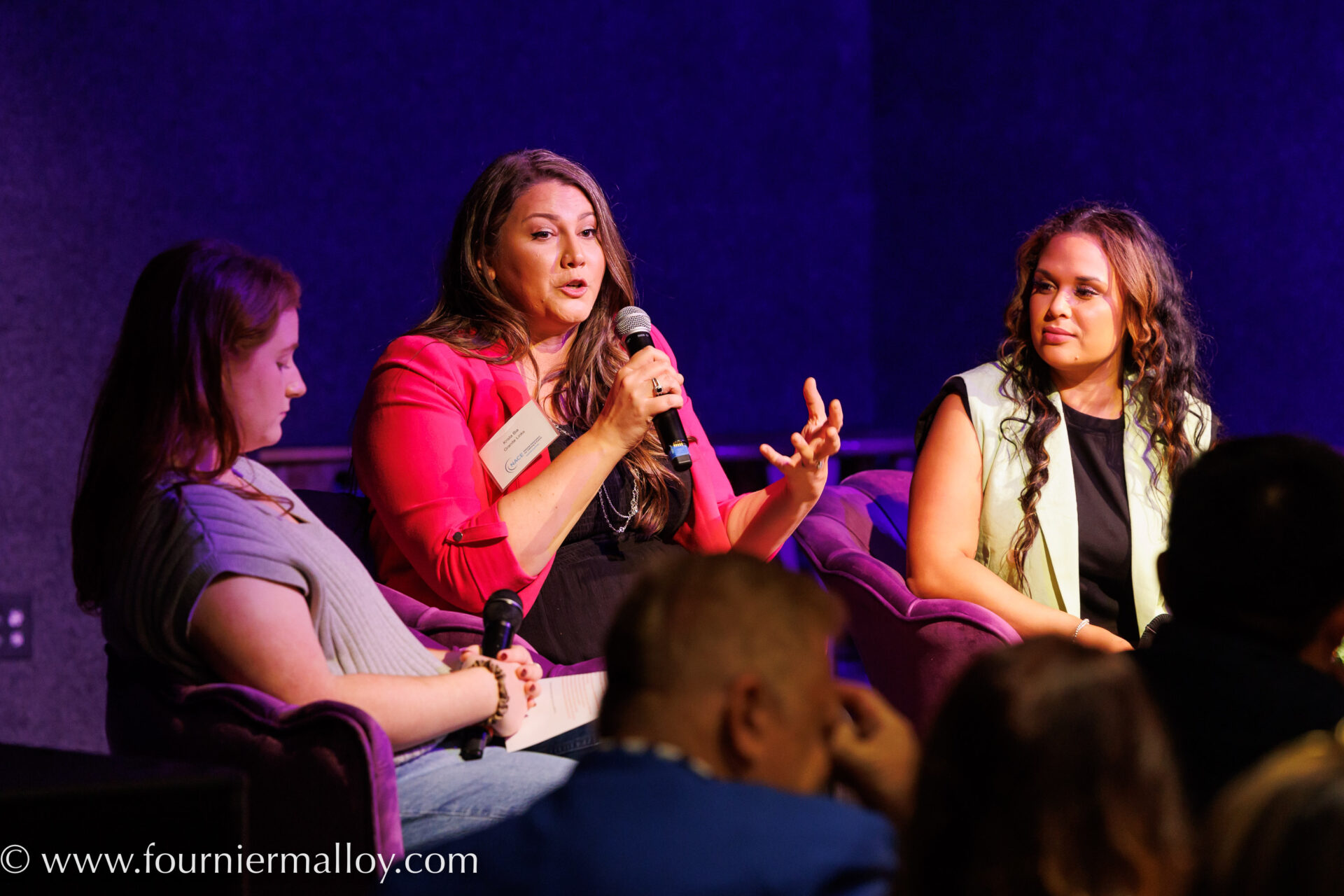 Meeting presenter panel AV setup with wireless microphones and staging by Black Diamond Event Production