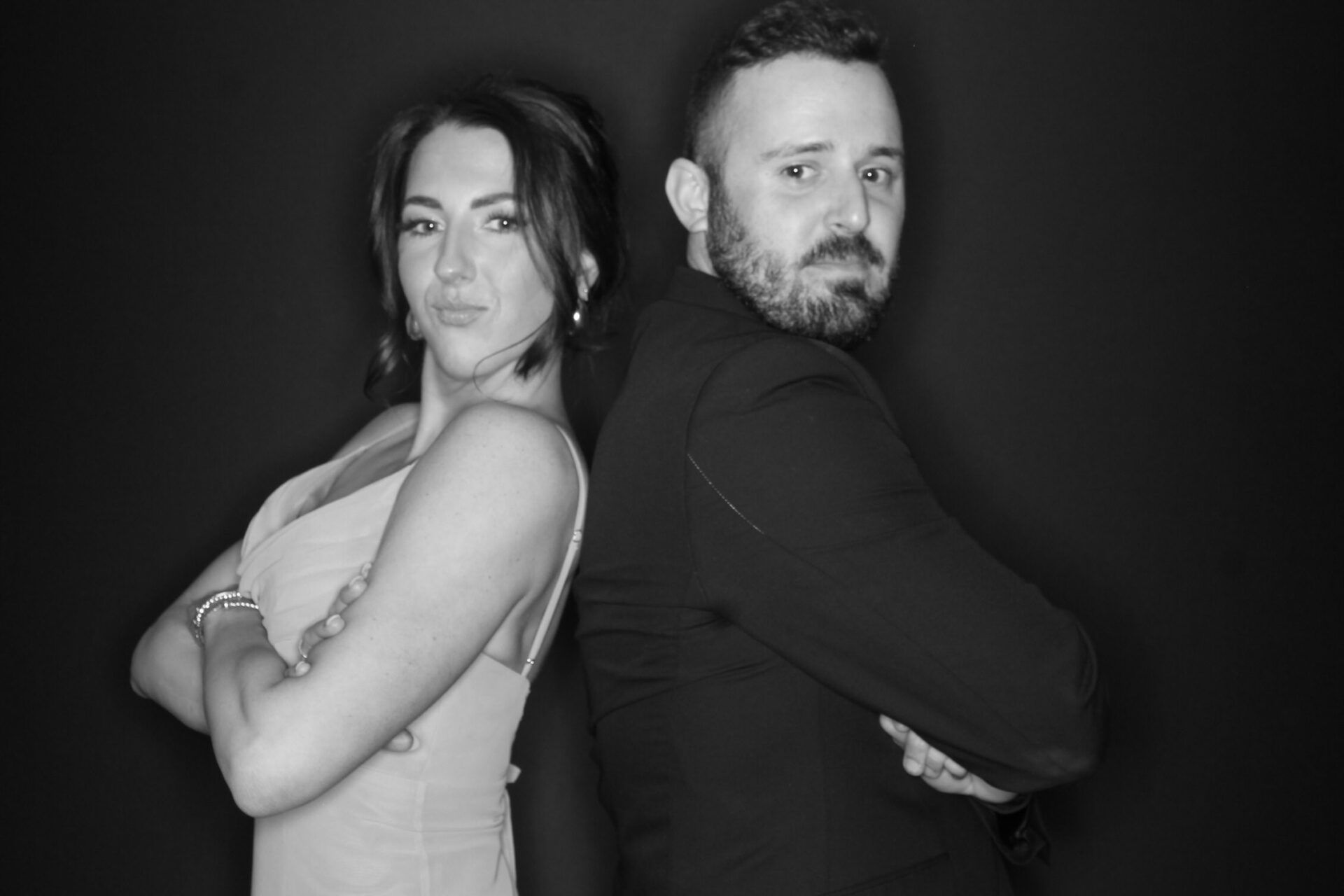 Wedding guest portrait in black and white from a Black Diamond GLAM photo booth in Boston