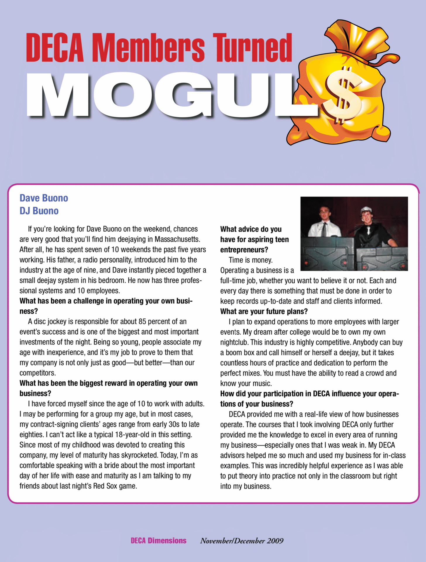 DECA Dimensions Magazine November 2009 article featuring David Buono as DECA Member Turned Mogul