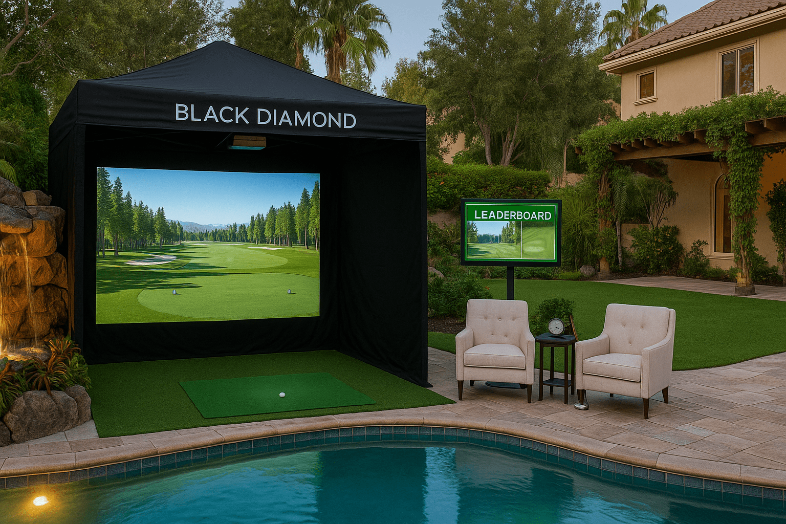 Black Diamond Event Production mobile golf simulator set up at an outdoor backyard event