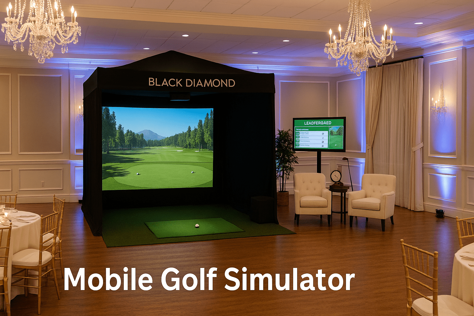 Black Diamond mobile golf simulator set up at a ballroom event in the Boston area