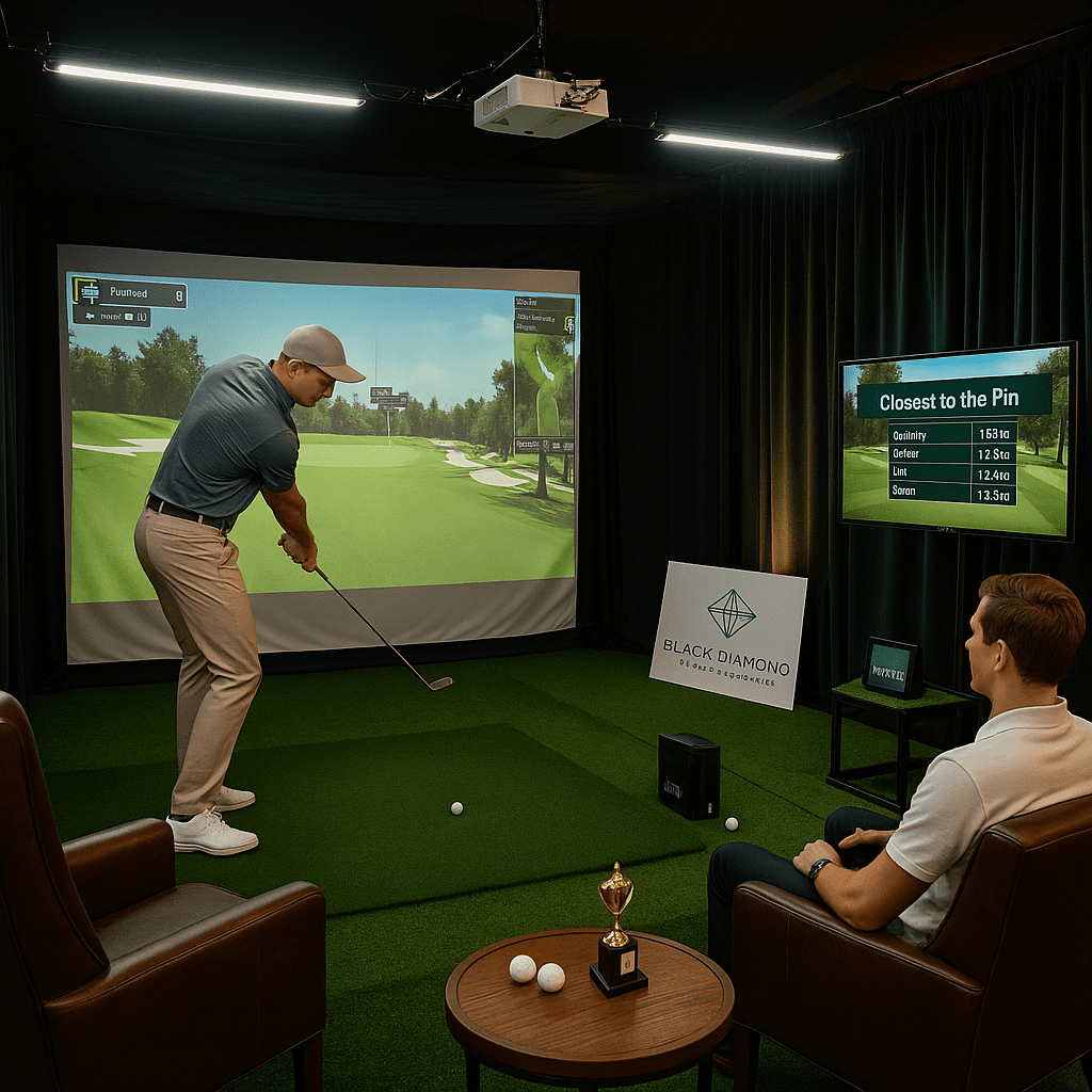 Luxury golf simulator scenery display showing immersive course visuals for The Clubhouse Package event experience