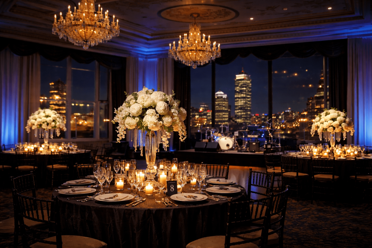 Custom monogram vinyl floor wrap on a white dance floor at a luxury Boston wedding, Black Diamond