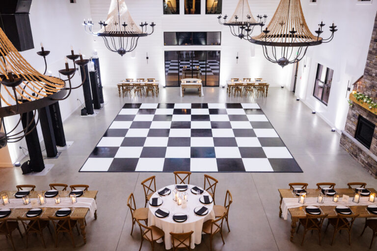 Black and white checkerboard dance floor rental at a Boston wedding reception