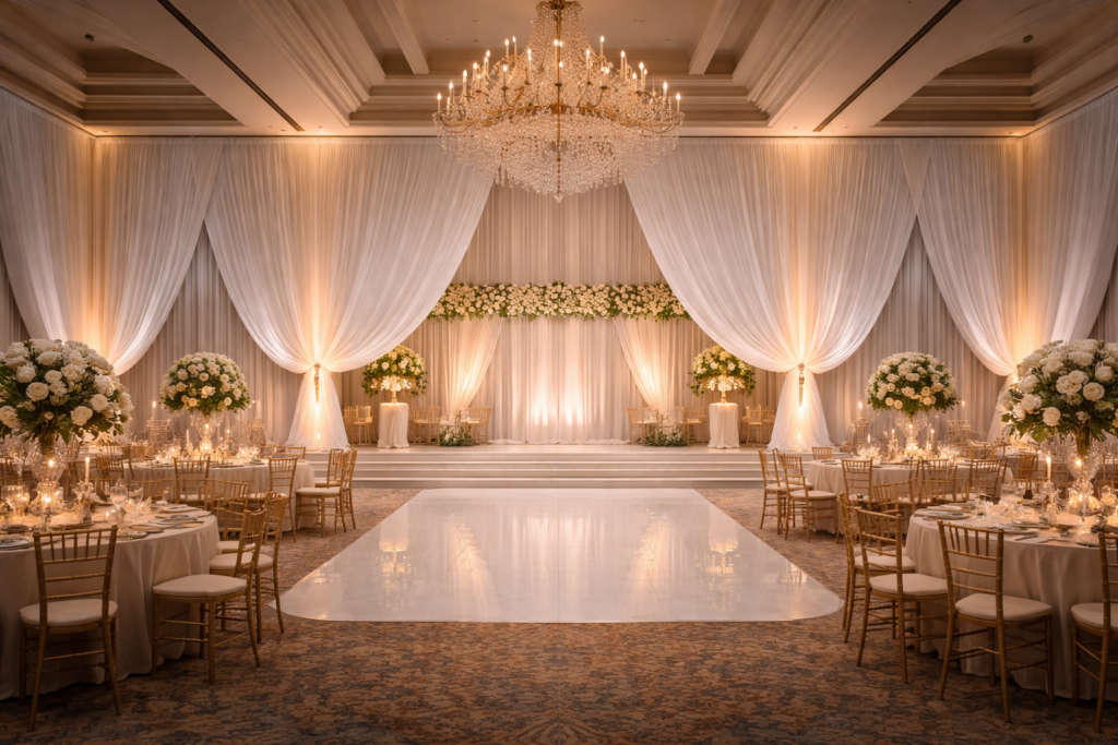 Luxury wedding pipe and drape installation in a Boston hotel ballroom with white fabric panels and warm uplighting