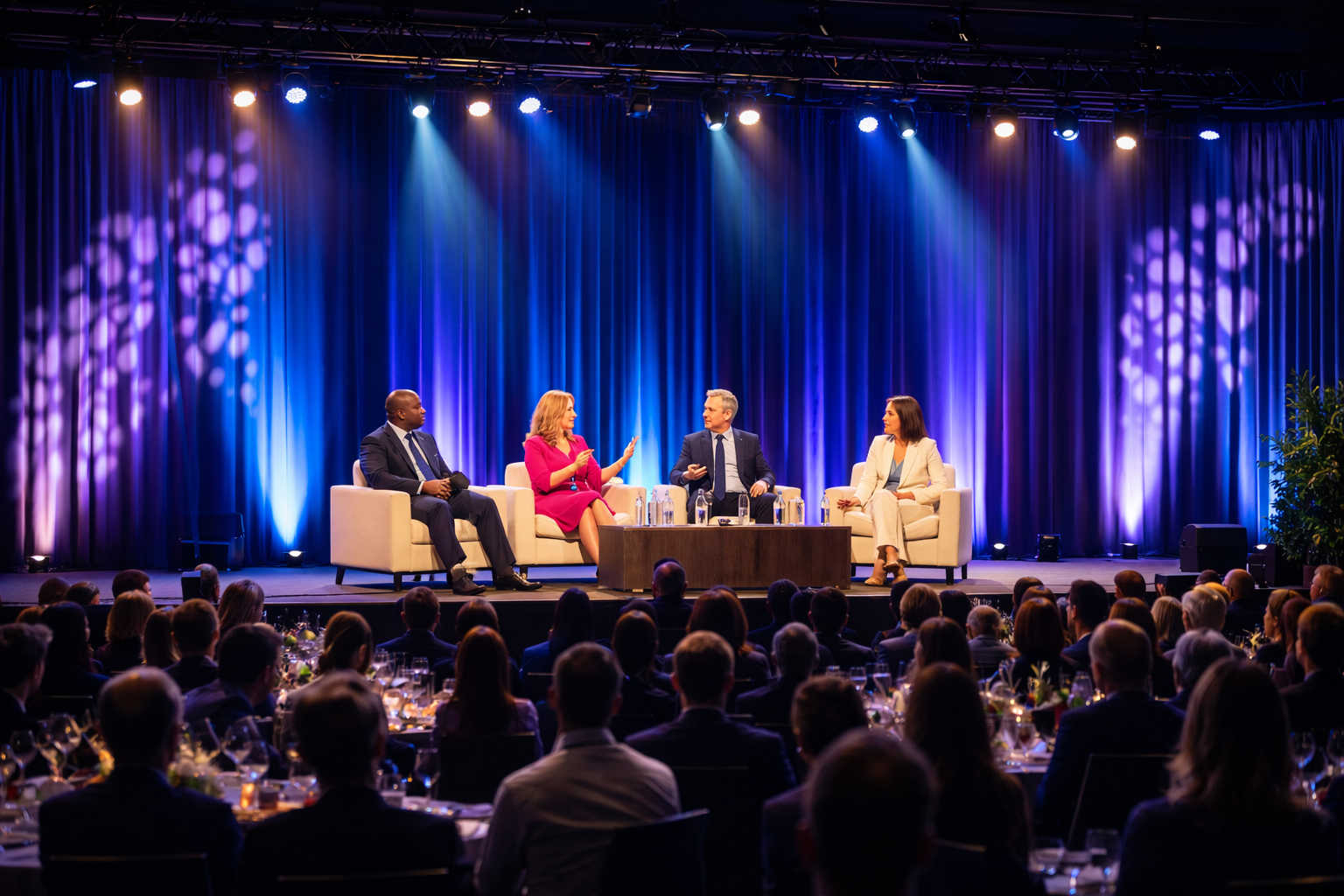 Panel discussion illuminated with theatrical stage lighting and GOBO texture projections at a New England conference