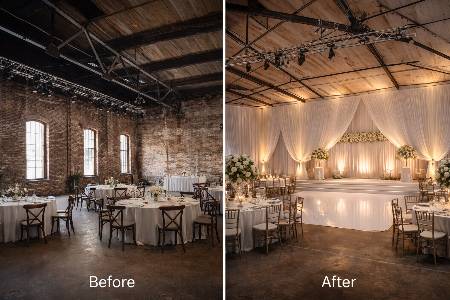 Pipe and drape before and after transformation at a luxury Boston wedding venue