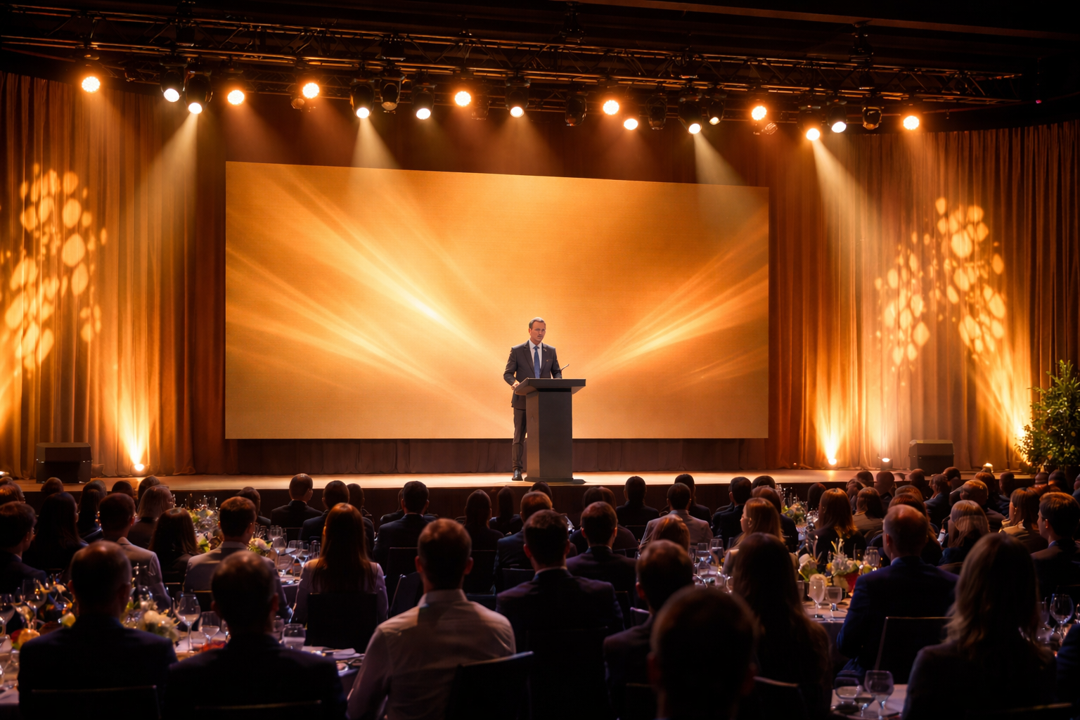 Corporate keynote speaker under warm professional stage wash lighting in a Boston hotel ballroom