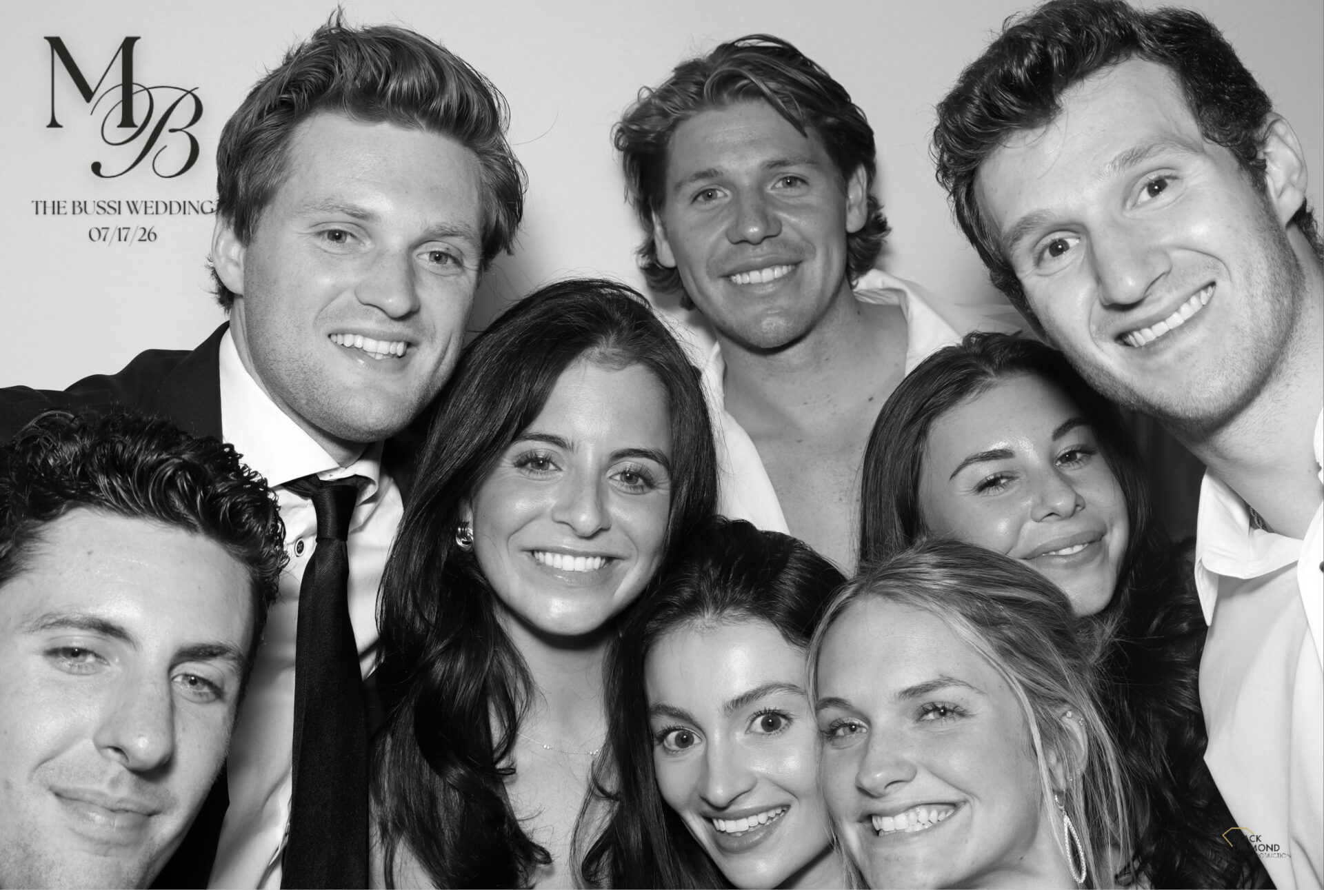 Black and white GLAM photo booth portrait at a Boston wedding reception, high-contrast studio quality