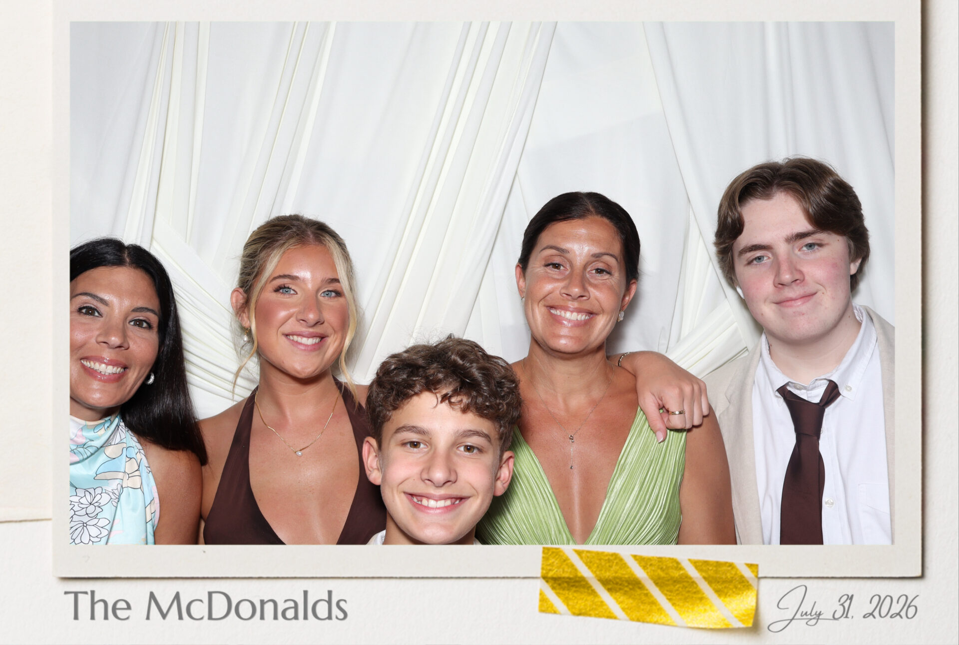 Five guests spanning generations in an ultra high resolution 4x6 portrait print photo booth print, custom name and date border, Black Diamond Event Production
